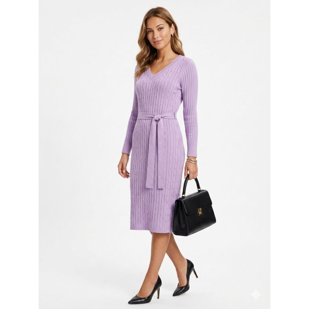 Merokeety Lavender Purple Long Sleeve Knit Ribbed Sweater Dress L